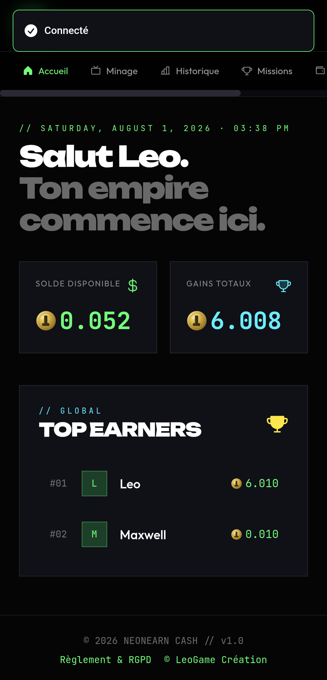 NeonEarn Cash — écran 2